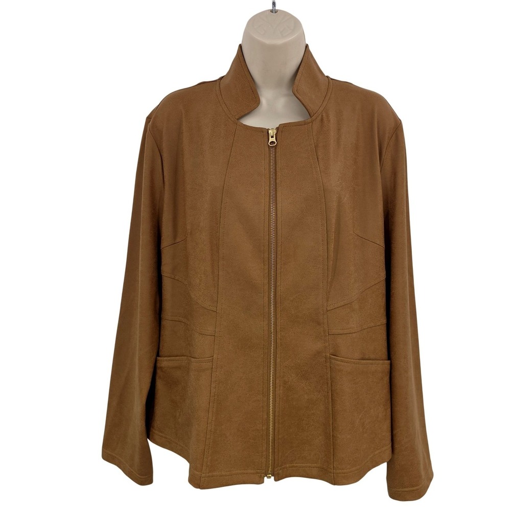 Clara Sun woo Jacket Liquid Leather Women L Brown Zip Front Stand Collar Pockets